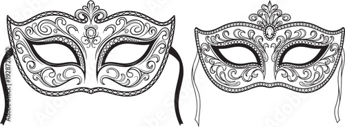 Ornate Black and White Masquerade Masks with Swirling Patterns and Ribbons