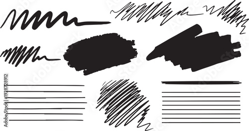 Black ink brush strokes and scribbles create a dynamic set of design elements for artistic projects and creative
