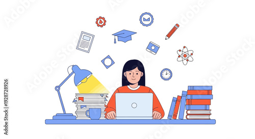 student studying online at desk, learning at home with laptop