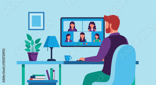 Man video conferencing at home, online meeting concept