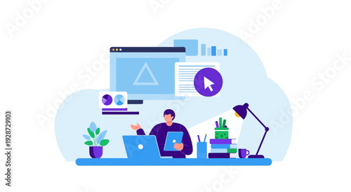 online learning concept, man working on laptop, digital education