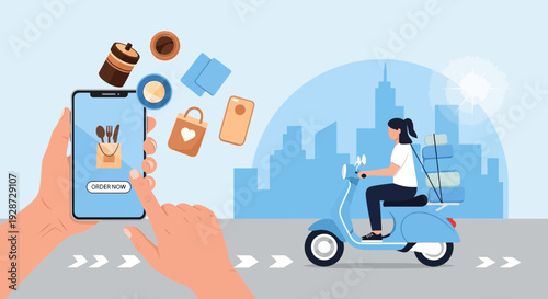 Online food delivery service, mobile app order, scooter courier, city background