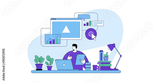 man working on laptop, online video streaming, digital marketing