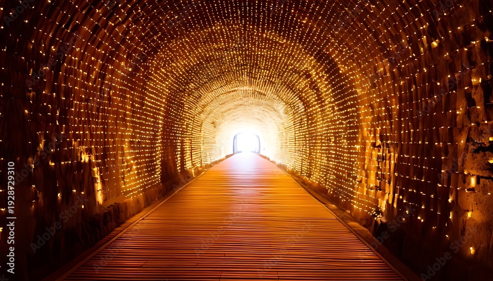Obraz premium Wooden pathway leads into a glowing tunnel. The brick walls sparkle with ambient lights, culminating in a bright white light at the exit