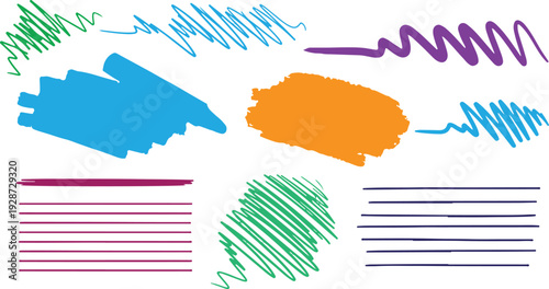 Black ink brush strokes and scribbles create a dynamic set of design elements for artistic projects and creative