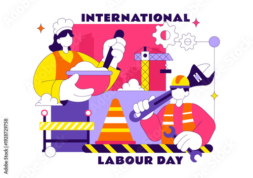 International Labour Day Vector Illustration on 1 May Featuring Diverse Professions and Appreciation Message Honoring Workers Dedication in Background