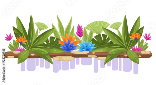 jungle plants illustration, tropical flowers and leaves on wood