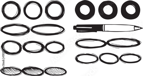 Hand drawn crayon ovals and circles. Ellipses pencil doodle style set. Red round rough thin frames. Round freehand shapes, emphasis highlights. 