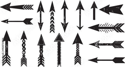 Set of various hand drawn black arrows with different shapes and directions on white background.
