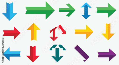 Colorful vector arrows of various shapes and directions on white background