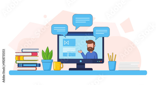 online learning concept, video call, webinar, education, computer