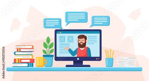 online learning concept, teacher on computer screen, education