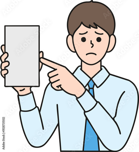 A man gesturing at a smartphone with an unhappy expression