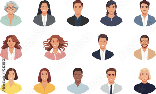 Diverse Professional Business People Avatar Collection in Flat Cartoon Style Featuring Confident Men and Women Isolated Background