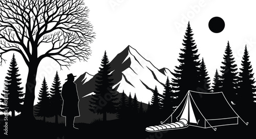 Black and white camping silhouette vector featuring a lone traveler by a tent and sleeping bag in a pine forest