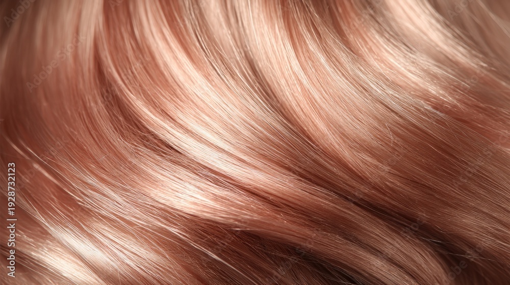 Fototapeta premium Close-Up View of Smooth and Shiny Rose Gold Hair Reflecting Light, Showcasing the Lush Texture and Natural Waves for a Glamorous Appeal in Photography and Design Projects