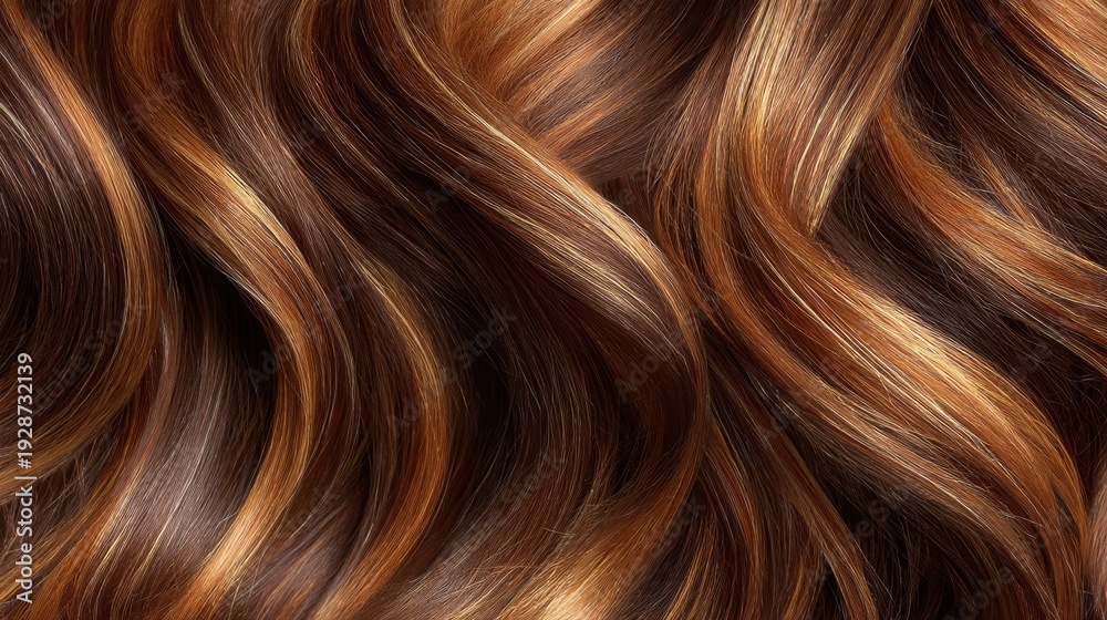 Fototapeta premium Close-up View of Glossy Curly Hair with Rich Brown and Copper Highlights Showcasing Vibrant Texture and Natural Beauty in a Haircare Setting for Stock Photo Use