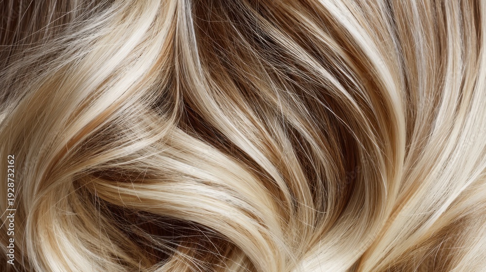 Naklejka premium Close-Up View of Beautiful Blonde Hair with Natural Waves and Highlights, Showcasing Luxurious Texture and Color Blending for Hair Care Promotions