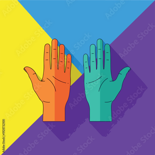 Colorful vector illustration of two hands with long shadows