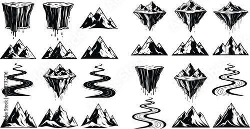 Floating island vector set with mountain peaks, winding river paths, and steep cliff silhouettes isolated for fantasy world map design