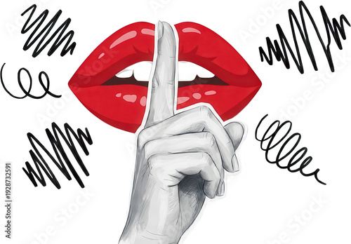 A close up of glossy red lips with a hand finger placed over them conveying a shushing gesture in a stylized illustrative manner silence mouth secret quiet whisper transparent background