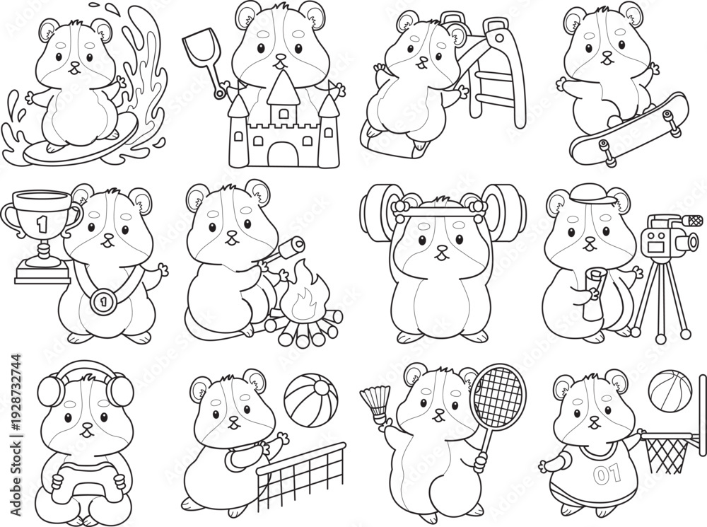 Fototapeta premium Coloring pages of Cute set of hamster sticker with activity. Outline of hamster