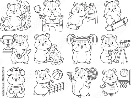 Coloring pages of Cute set of hamster sticker with activity.  Outline of hamster 