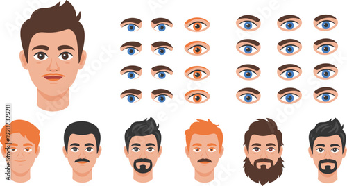 Male Avatar Customization Kit with Various Eyes Hairstyles and Facial Hair Elements in Flat Vector Illustration Style