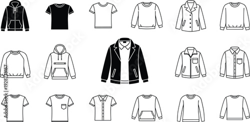 Black and white clothing vector icon set with hoodies, t-shirts, jackets, sweatshirts, and button down shirts for fashion retail store design