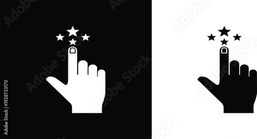 Black and white hand cursor icon vector set with clicking finger and star ratings for customer feedback and app interface