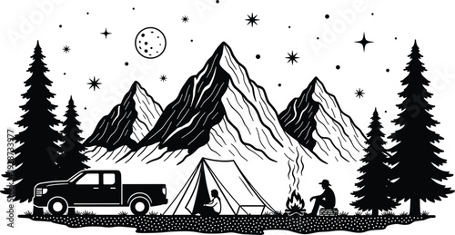 Mountain camping vector with truck silhouette, starry night sky, full moon, campfire, and travelers by a tent in pine forest