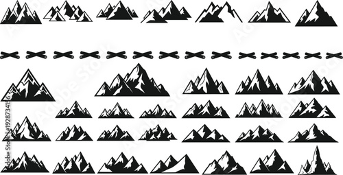  Black mountain range silhouette vector set with various peak shapes and firewood logs isolated on white background for outdoor logo design