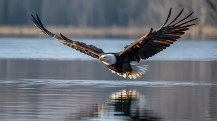Bald eagle landing on calm water surface with reflections wildlife action photography