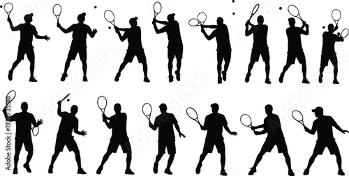 Tennis player silhouette set collection, athletes with rackets and balls in action, sports competition, training workout, professional match, fitness activity.