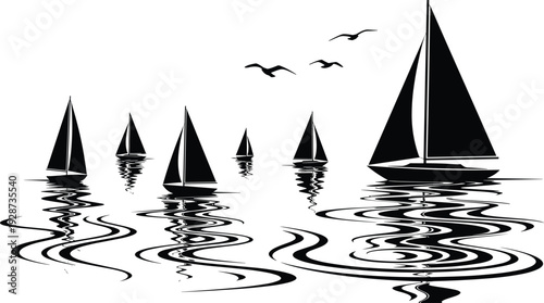 Sailing boat silhouette vector on water with seagulls, yacht ocean reflections, summer sea travel, nautical adventure, maritime leisure, peaceful regatta.