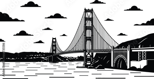 Golden Gate Bridge San Francisco landmark silhouette, California suspension bridge vector, famous travel destination, city skyline, iconic architecture, tourism, bay area.