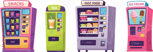 Cartoon Snack, Tea, Fast Food and Ice Cream Vending Machines Illustration for Retail and Street Food Business