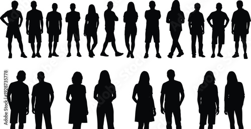 Black people silhouette set with diverse men and women in casual standing poses for youth community social group and lifestyle designs