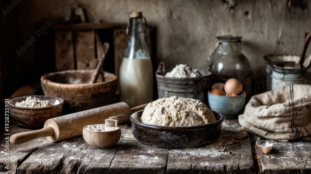 Fototapeta premium Rustic Kitchen Setting with Baking Ingredients, Flour, Eggs, Milk, and Dough on Wooden Table Surrounded by Vintage Utensils and Jars for Home Baking Enthusiasts