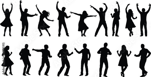 Black silhouette set of happy people dancing in various expressive poses including men and women for party celebration and disco designs