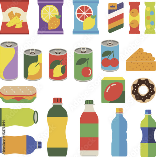 Colorful Fast Food and Beverage Illustration Featuring Chips, Soda Cans, Candy Bars, Sandwich, Donut, and Bottled Drinks