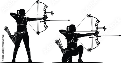 Black silhouette set of female archer using compound bow in standing and kneeling positions for modern sport and competition designs