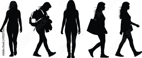 Black woman silhouette set walking and traveling with backpack and shopping bag in various poses for lifestyle fashion and urban designs