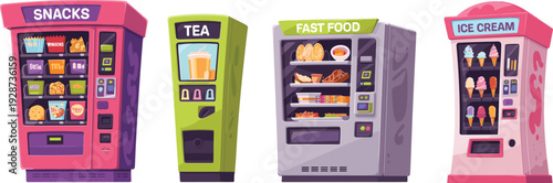 Colorful Cartoon Vending Machines Featuring Snacks, Tea, Fast Food and Ice Cream for Retail Business Illustration Design