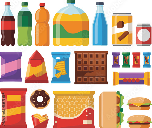 Colorful junk food and beverage vector illustration set featuring snacks, soda bottles, chocolate bars, chips, burgers isolated on white background