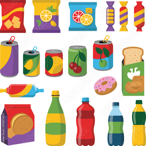 Colorful Snack and Beverage Collection Illustration Featuring Chips, Candy, Soda Cans, Bottled Drinks, Bread, and Sweet Desserts Vector Set