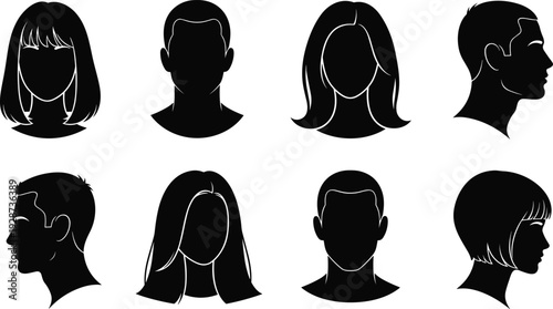 Black human head silhouette set with male and female faces in front and side profile views for hair and beauty designs