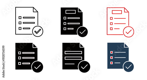 Set of checklist document icons with check marks in various colors.