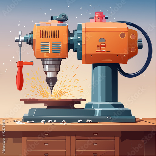 Dynamic drill press in action on wooden workbench, sparks flying, hose attached, against blue-to-yellow gradient background, captured from side angle