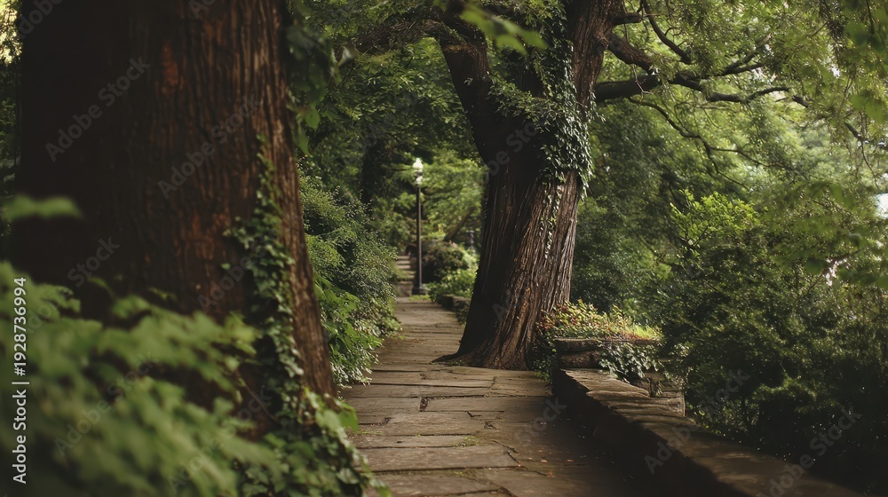 Obraz premium Stone path winding through a lush garden.